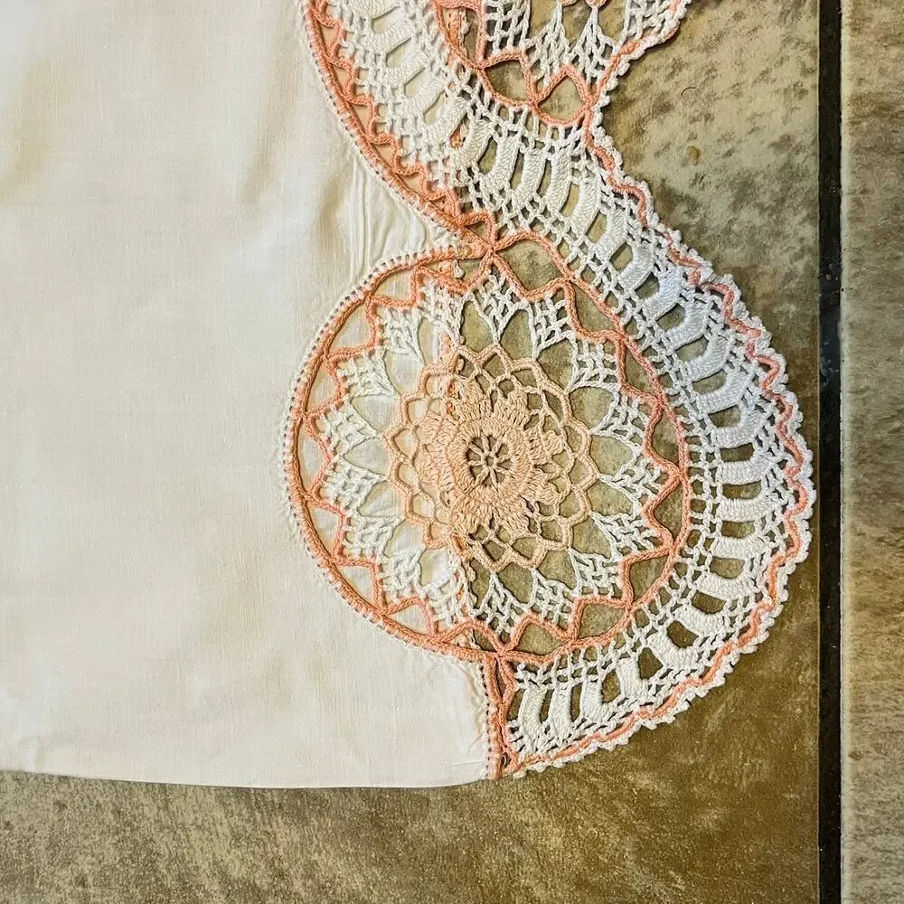 Vintage Pillowcase Crochet Lace Trim Peach Cream Floral Scallop Cottage Decor